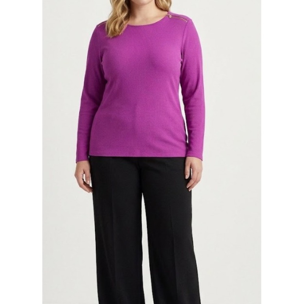 Lauren Ralph Lauren Top 3X Purple Ribbed Knit Zipper Shoulder Long Sleeve Cotton